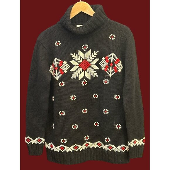 Vintage Jones New York Snowflake Wool Mohair Fair Isle Turtleneck Sweater 90s - Picture 1 of 6
